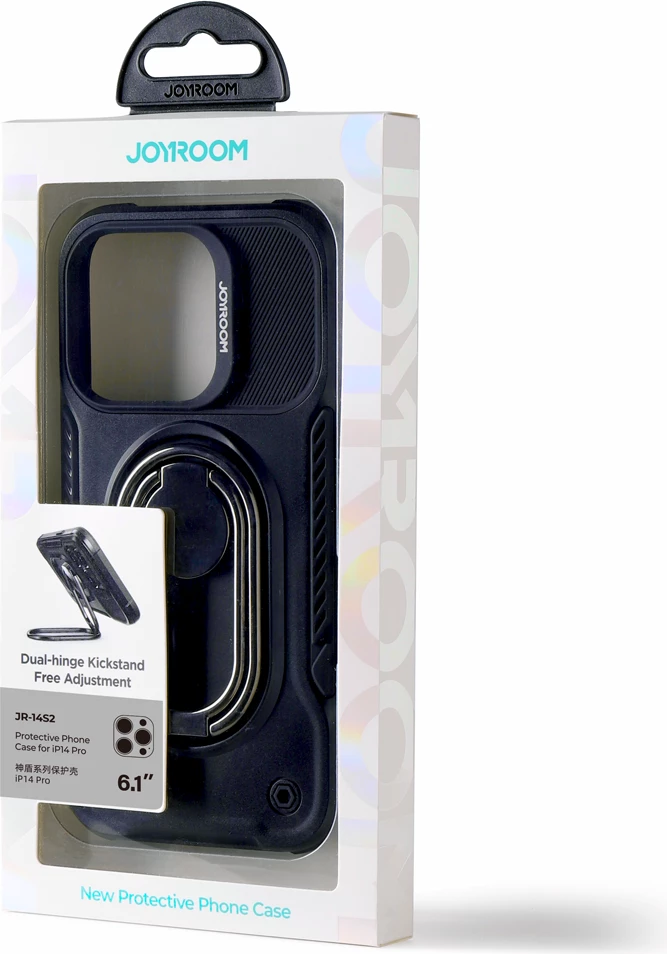 Mbështjellës Joyroom Dual Hinge për iPhone 14 Pro, me mbajtëse dhe unazë, i zi