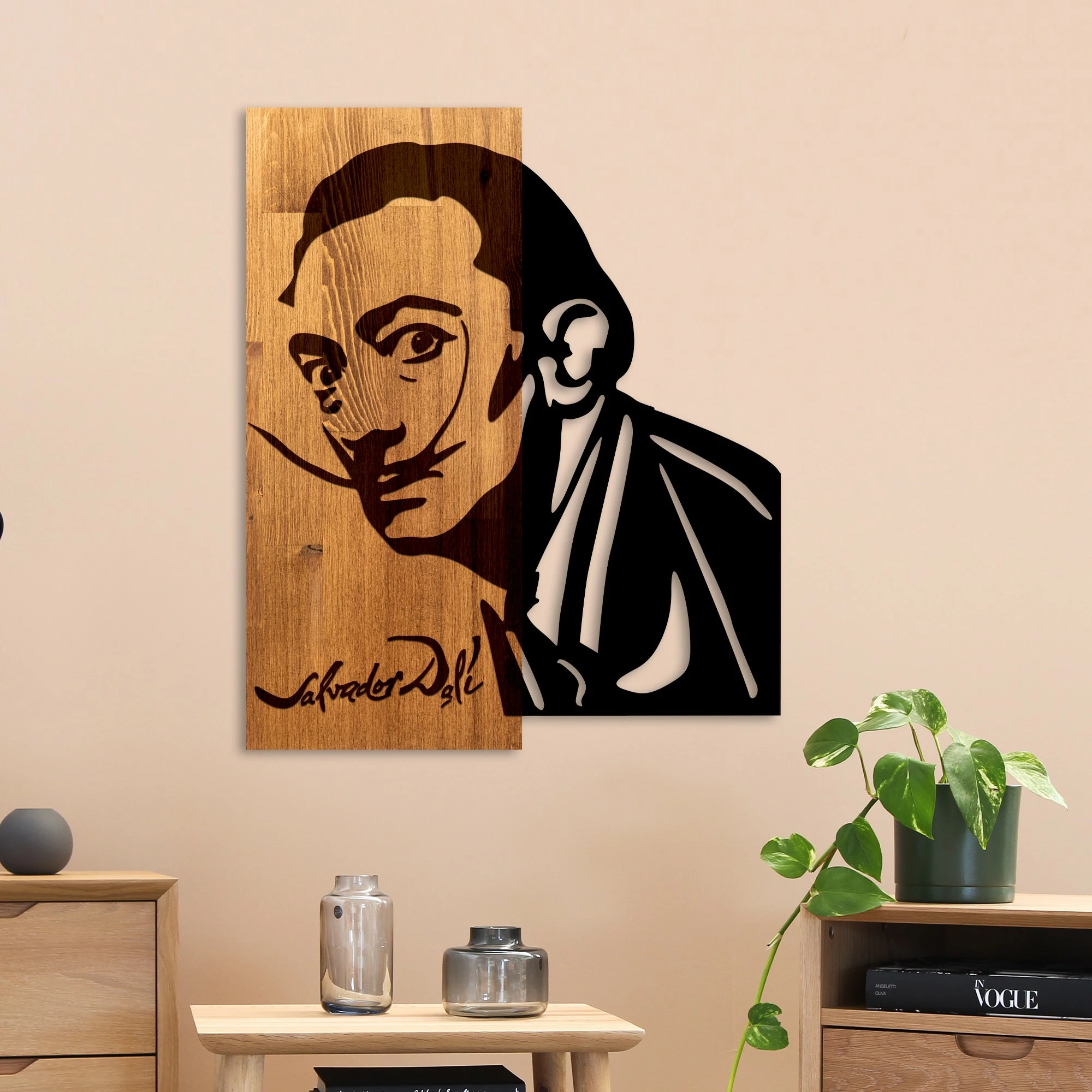 Aksesor dekorativ muri prej druri, Wallity Salvador, ngjyrë arre dhe e zezë