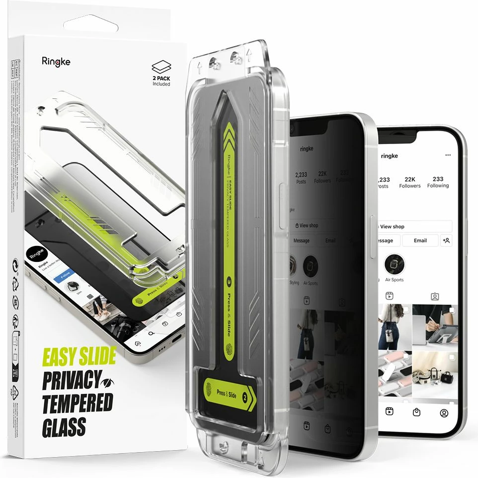Mbrojtës xhami Ringke Easy Slide Privacy Glass për iPhone 13/13 Pro/14, 2 copë