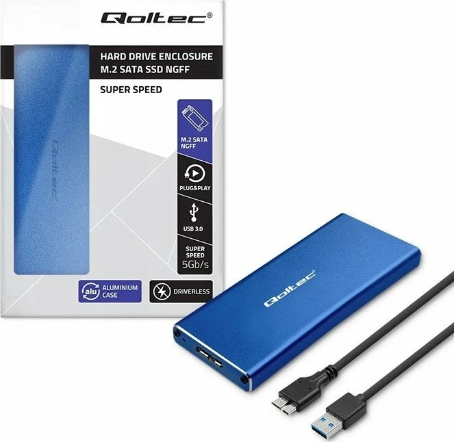 Kasë eksternale për SSD M.2 SATA NGFF Qoltec 51832, USB 3.0 5Gb/s deri 2TB, blu, set me kabllo