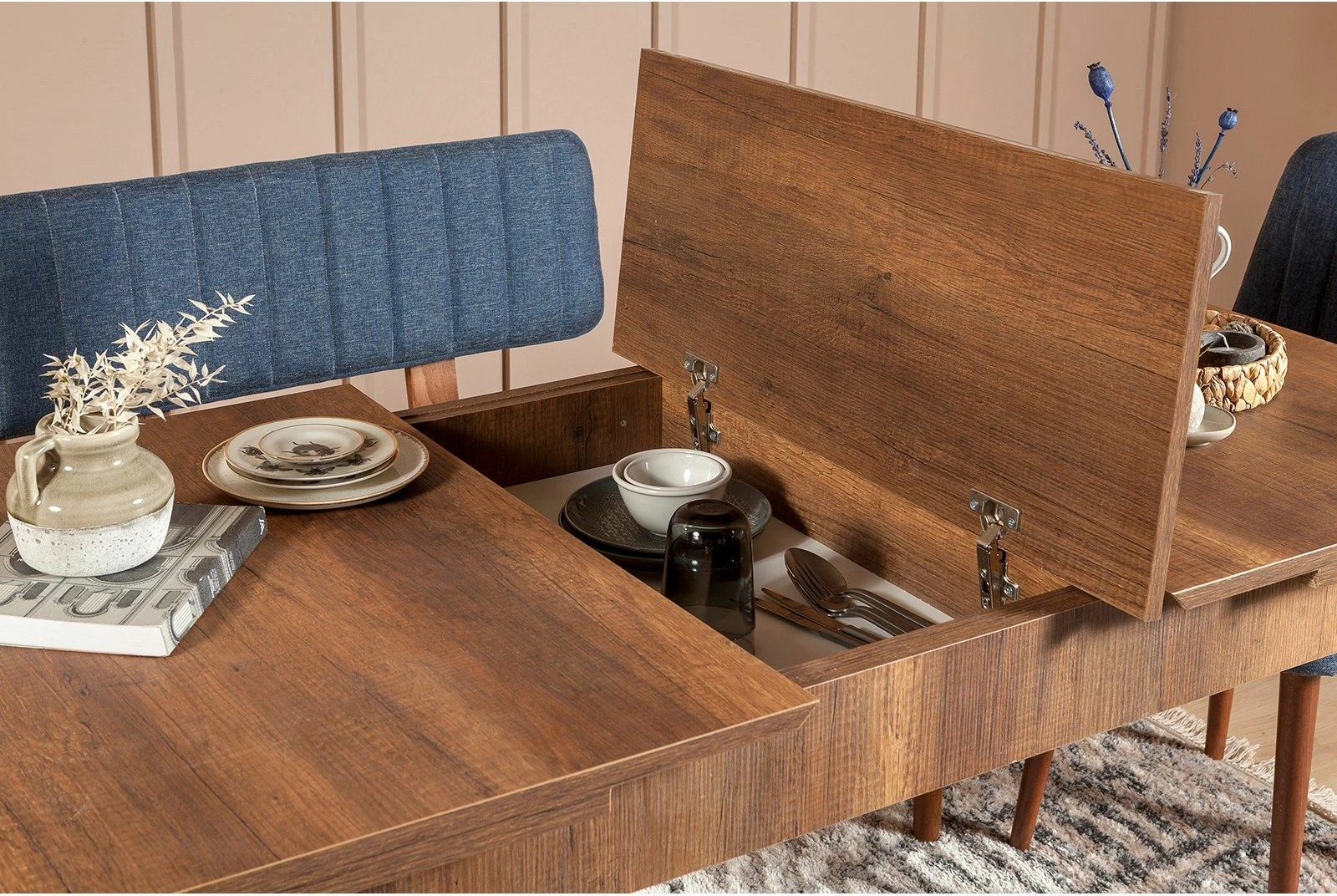 Set tavolinë me karrige për ngrënie, zgjatues, ngjyrë arre, blu e errët, Hanah Home Vina 1048 - 3, 4 pjesë