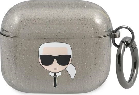 Mbështjellës Karl Lagerfeld KLA3UKHGK për AirPods 3, Glitter Karl`s Head, i zi