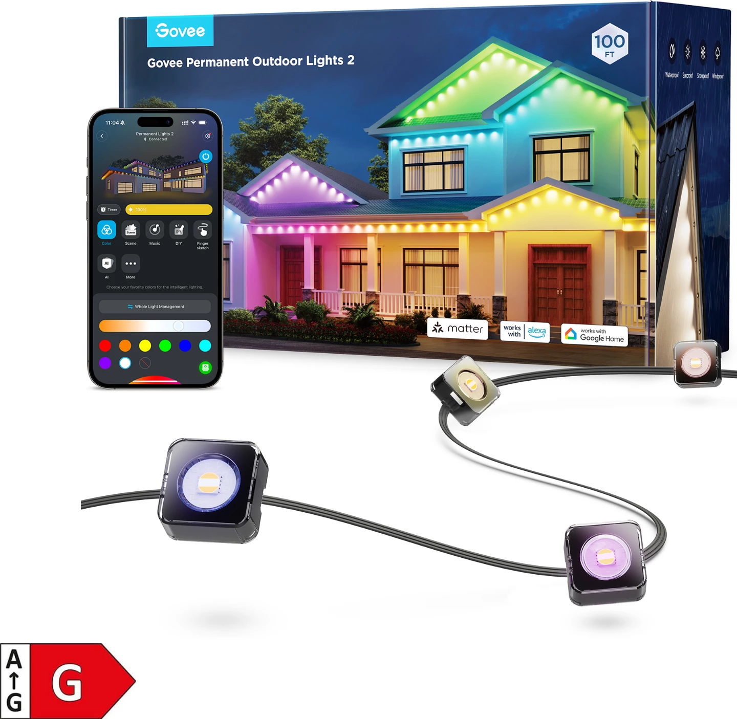 Drita LED të jashtme Govee Permanent Outdoor Lights 2 30 m RGBIC Wi‑Fi/Bluetooth IP67, shumëngjyrëshe