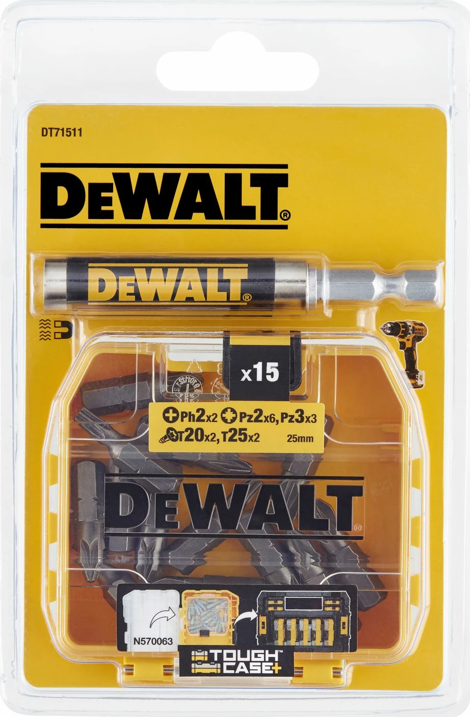Set bitash Dewalt DT71511, 15 copë + mbajtës magnetik 1/4" (6.35 mm)