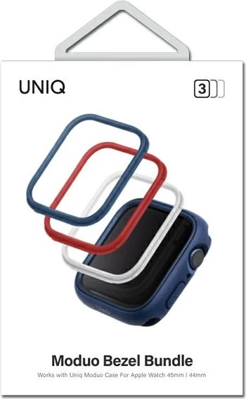 Kornizë mbrojtëse UNIQ Moduo 3-in-1 për Apple Watch 4/5/6/7/8/SE/SE2 44/45mm, Blu, Kuqe, Bardhë, set prej 3 copë