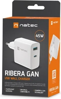 Karikues Natec Ribera GaN 45W me USB-A dhe USB-C, i bardhë