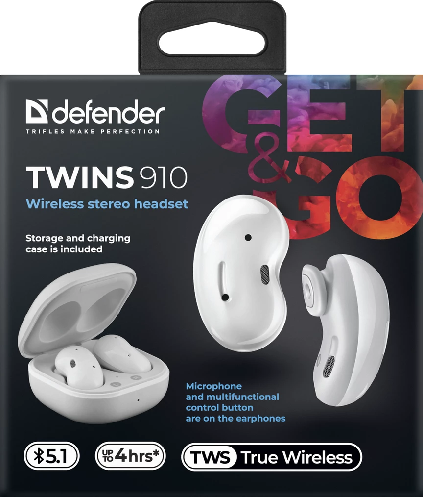 Kufje Defender Twins 910 63910, Bluetooth True Wireless, me mikrofon, kasë karikimi 300 mAh, të bardha, me 2 palë maja silikoni