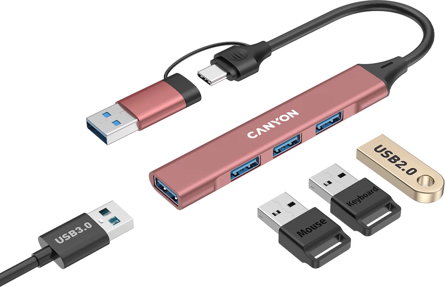 USB hub CANYON DS-02 4në1 USB-C në 4x USB-A (1x USB 3.0 + 3x USB 2.0), kabllo 15 cm, rozë