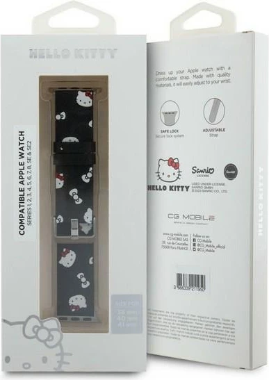 Rrip për Apple Watch Hello Kitty Heads & Bows Pattern, lëkurë ekologjike, i zi, 38/40/41mm
