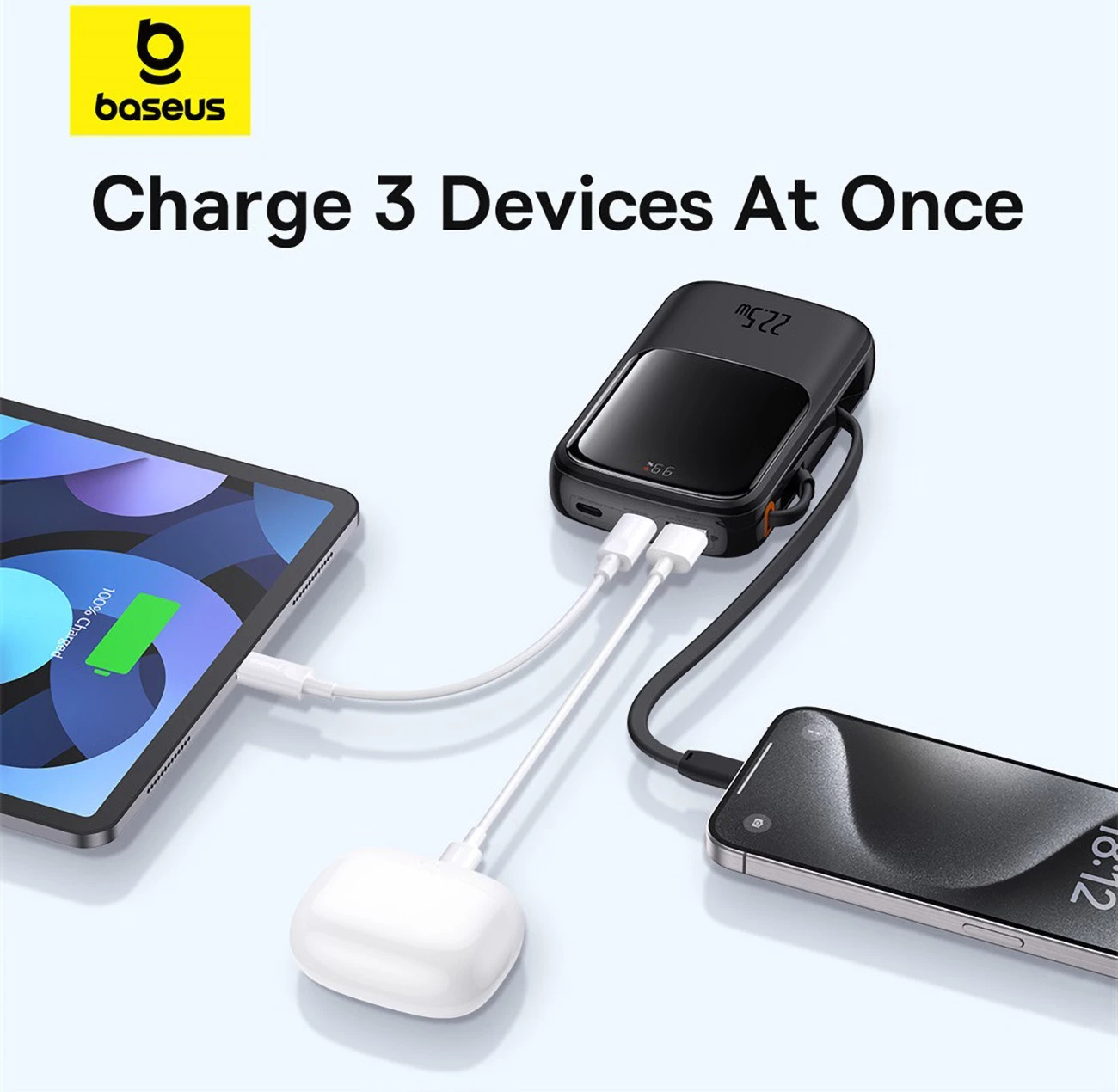Powerbank Baseus QPow Pro+ 10000mAh, 22.5W, me kabllo USB-C të integruar dhe ekran, e zezë
