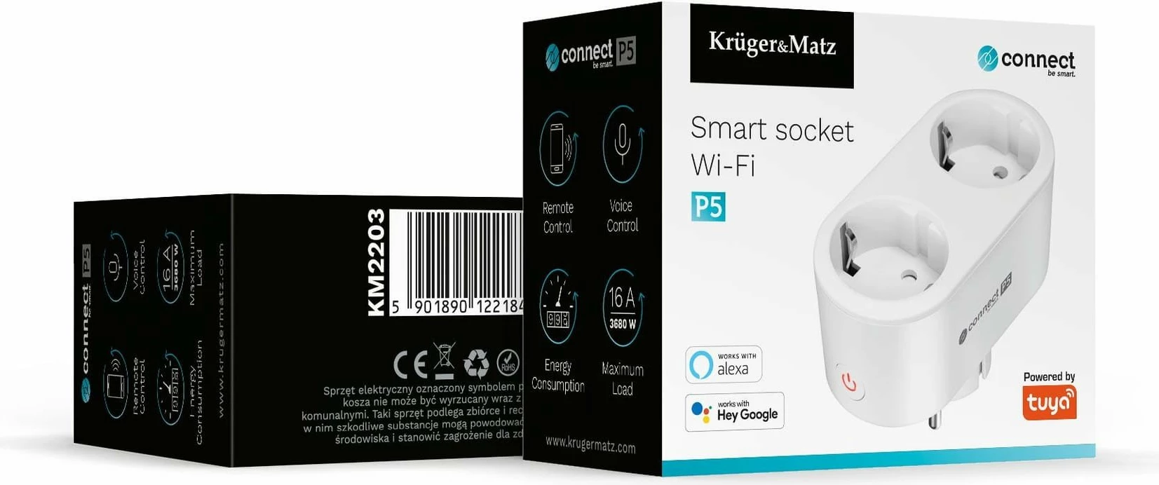 Prizë smart WiFi e dyfishtë Kruger&Matz Connect P5 Tuya, 16A/3680W, e bardhë