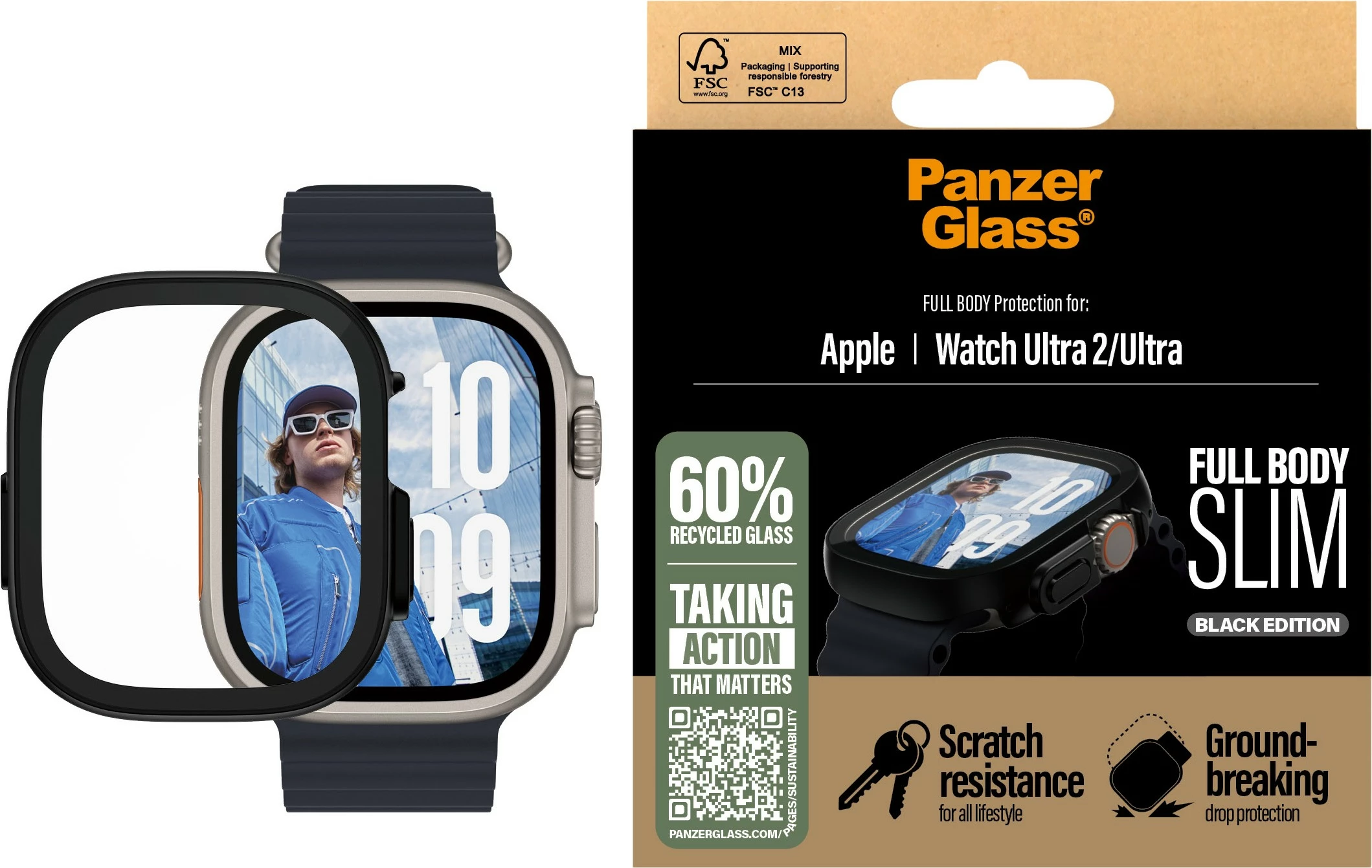 Mbrojtës ekrani dhe trupi PanzerGlass Snappie Full Body Slim për Apple Watch Ultra 2, i zi
