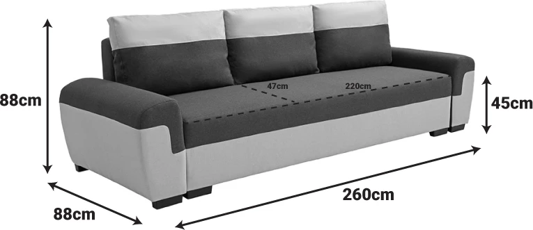 Krevate divan treshe Gaby, me hapësirë për magazinim, stof, ngjyrë e zezë-gri e çelët, 260x88x88cm