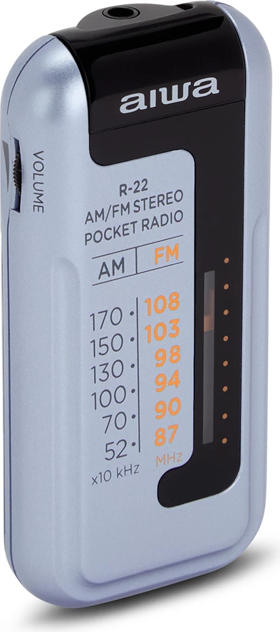 Radio portative AM/FM Aiwa R-22, HyperBASS, 3.5mm, me Kufje dhe bateri, blu e çelët