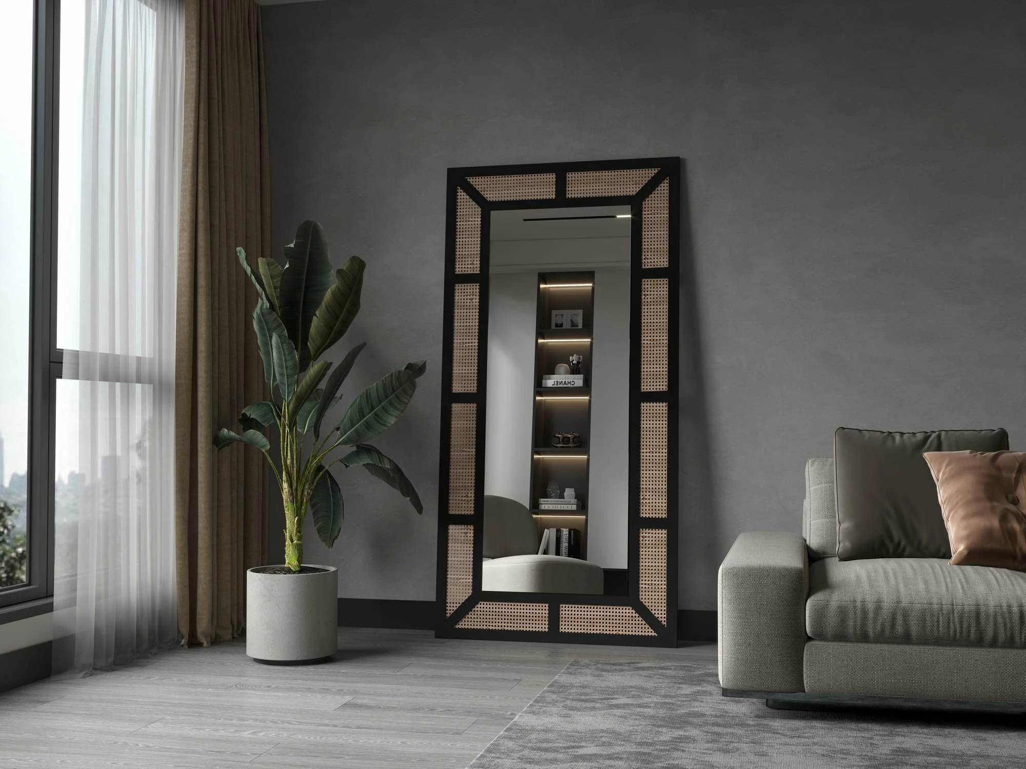 Pasqyrë e madhe Cheval, ratan e zezë, Skye Decor