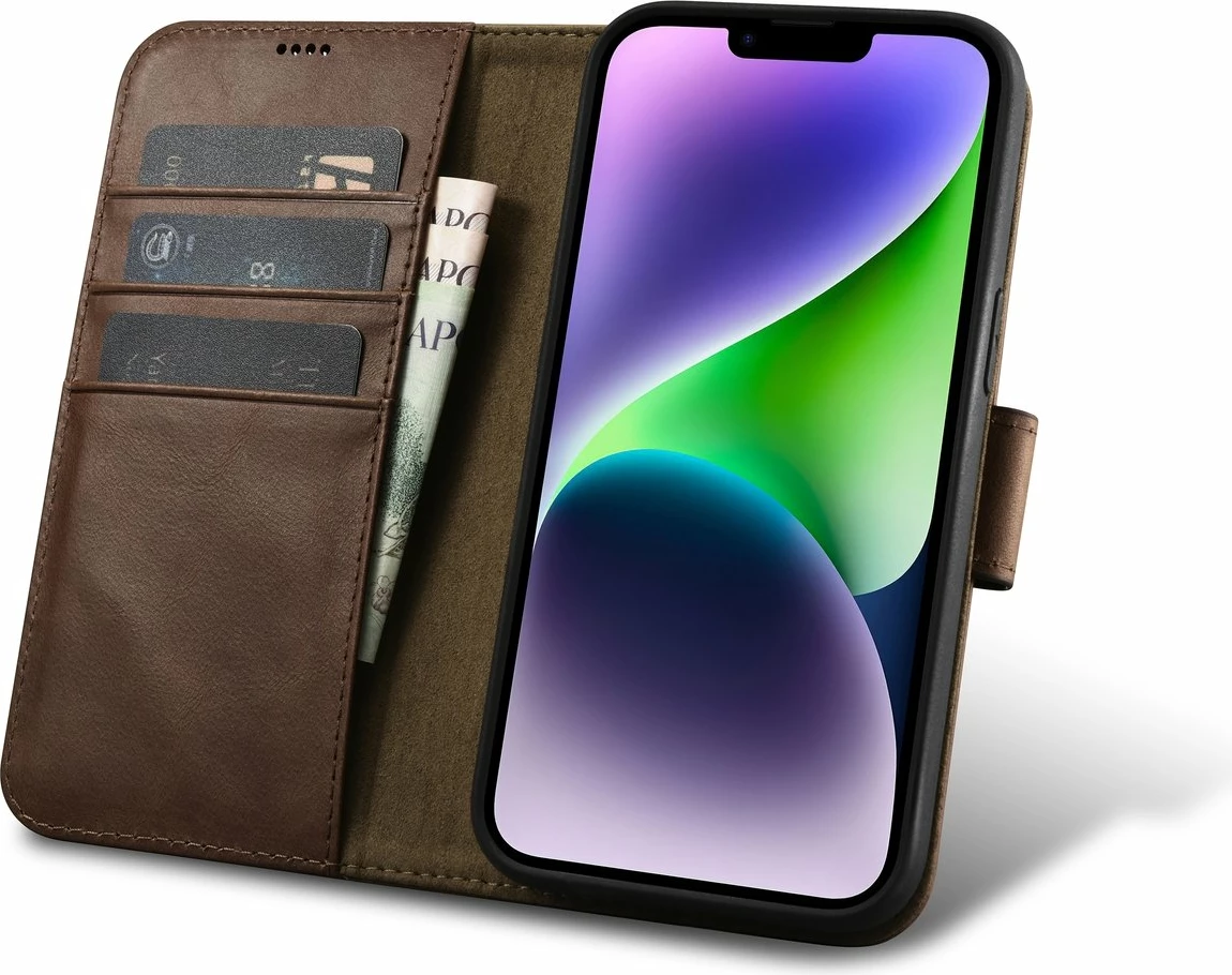 Mbështjellës iCarer Oil Wax Wallet 2in1 për iPhone 14 Plus, lëkurë natyrale, Anti-RFID, Kafe