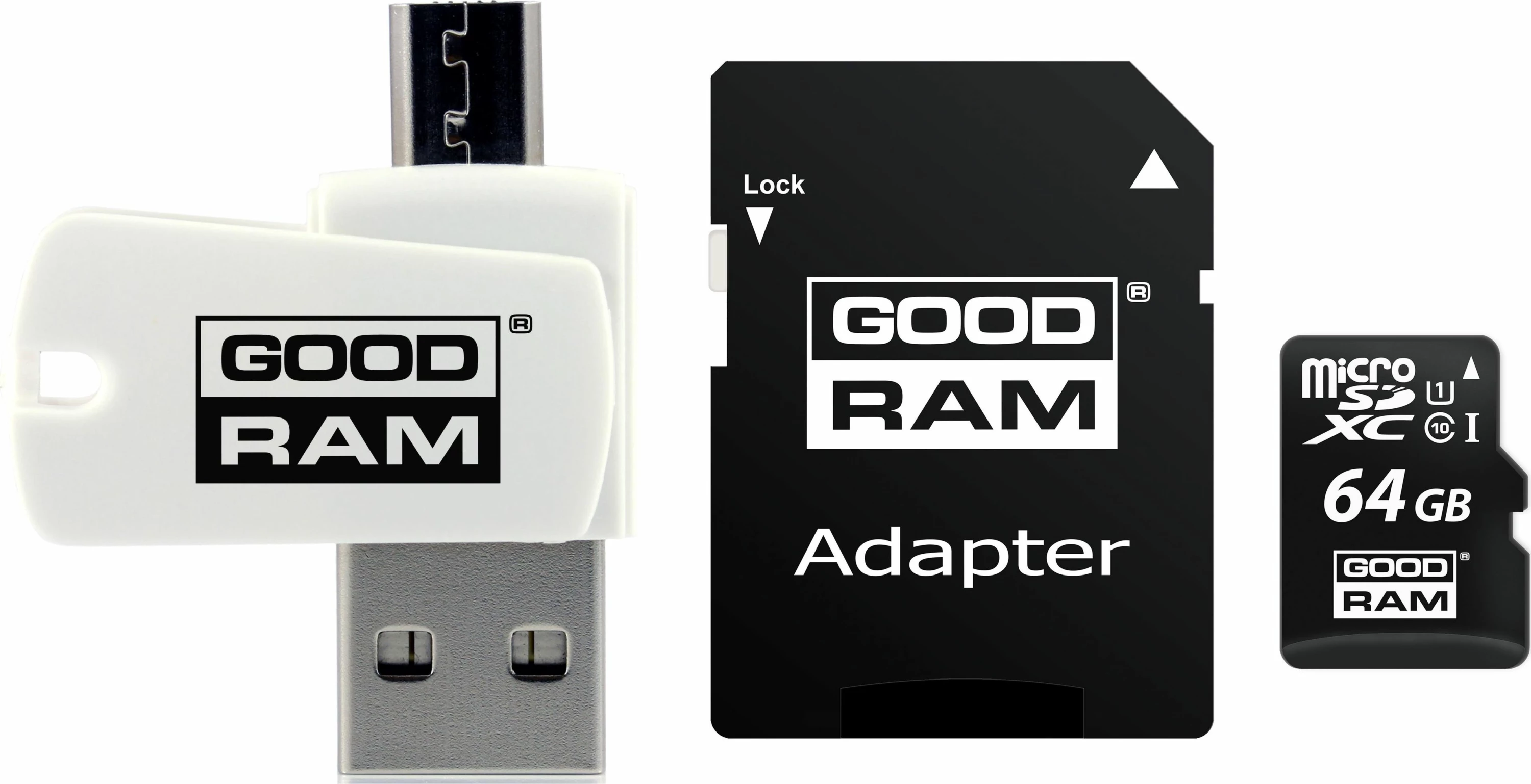 Kartë memorje MicroSDXC GoodRam All in One M1A4-0640R12 64GB Class 10 UHS-I/U1 me adapter dhe lexues USB 2.0/micro USB