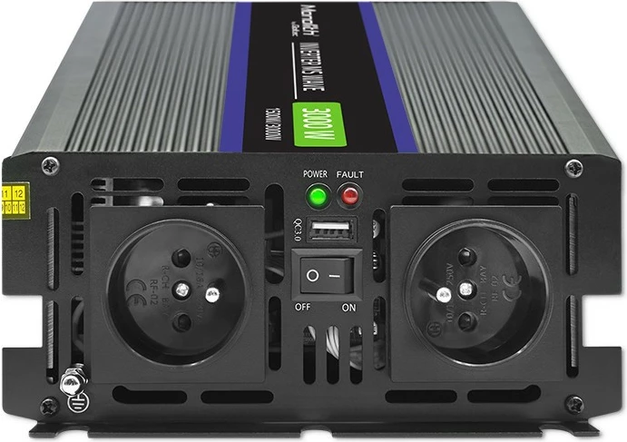 Konvertues voltazhi Qoltec Monolith 3000 MS Wave, 12V në 230V, 1500/3000W, USB, Zi