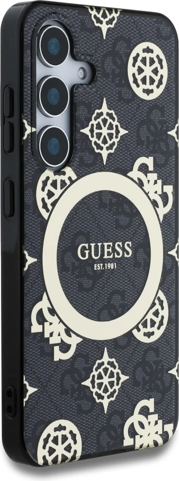 Mbështjellës Guess 4G Background Gold Electroplated Peony Pattern MagSafe për Samsung Galaxy S25, Zi