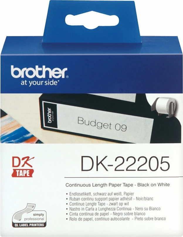 Letër etiketa Brother DK-22205, 62mm, e zezë mbi të bardhë, 30.48m