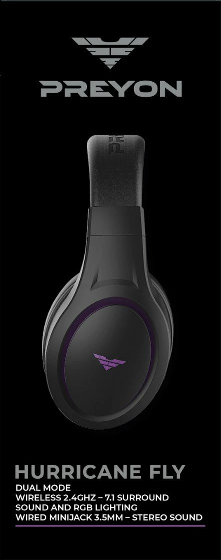 Kufje gaming PREYON Hurricane Fly PHF40B wireless 7.1 RGB me mikrofon të shkëputshëm, të zeza