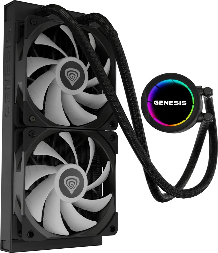 Kasë ftohëse me ujë GENESIS NLG-2319 për procesor, 2 ventilatorë, RGB, e zezë