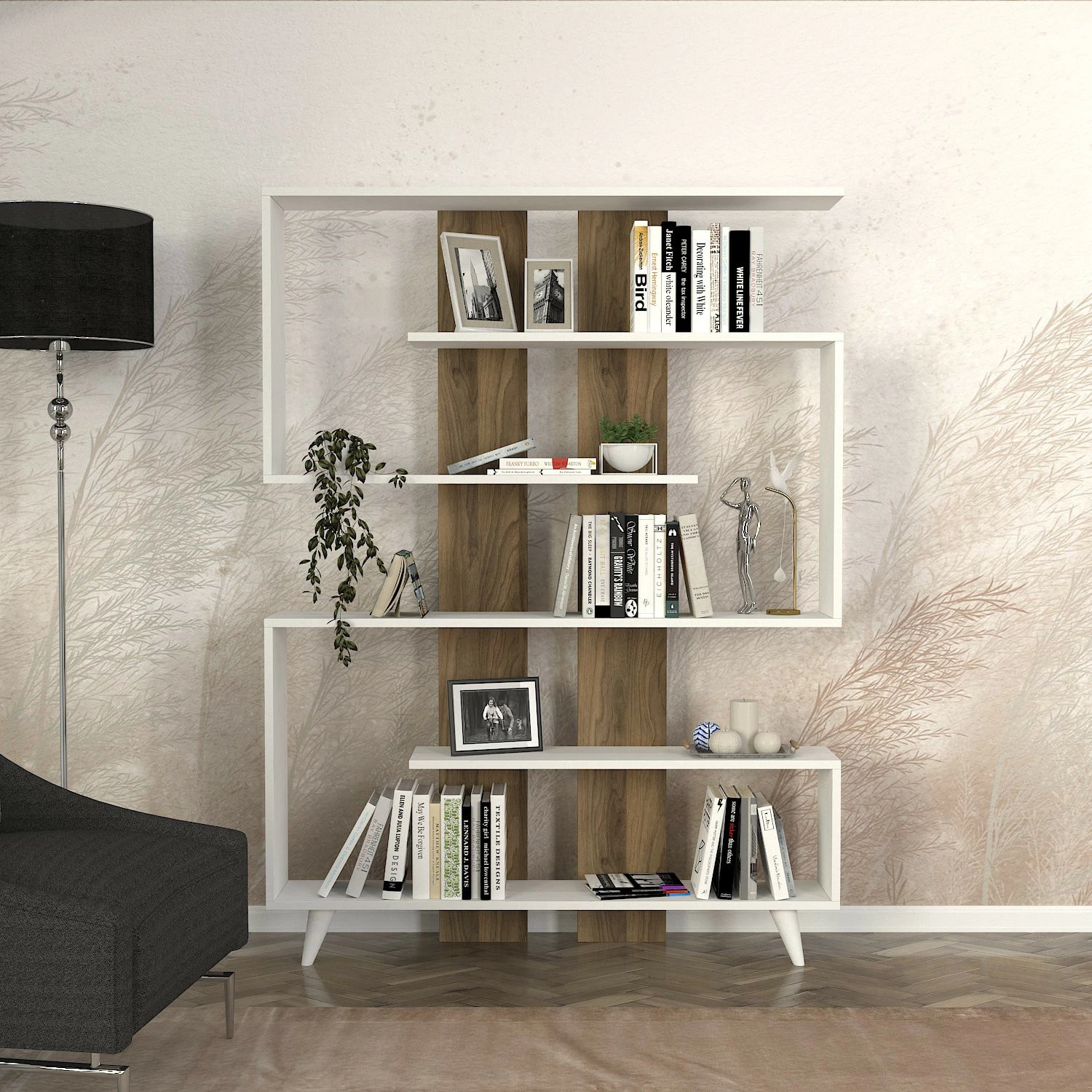 Raft librash Hanah Home, ngjyrë e bardhë dhe arre, Rain