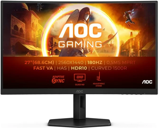 Monitor gaming, AOC CQ27G4X, 27 inch, QHD 2560x1440, 180Hz, 0.5ms, VA i lakuar 1500R, HDR10, e zezë/gri