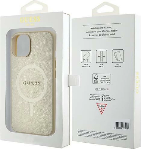 Mbështjellës Guess GUHMP15MPSAHMCB për iPhone 15 Plus 6.7", Saffiano MagSafe, ari