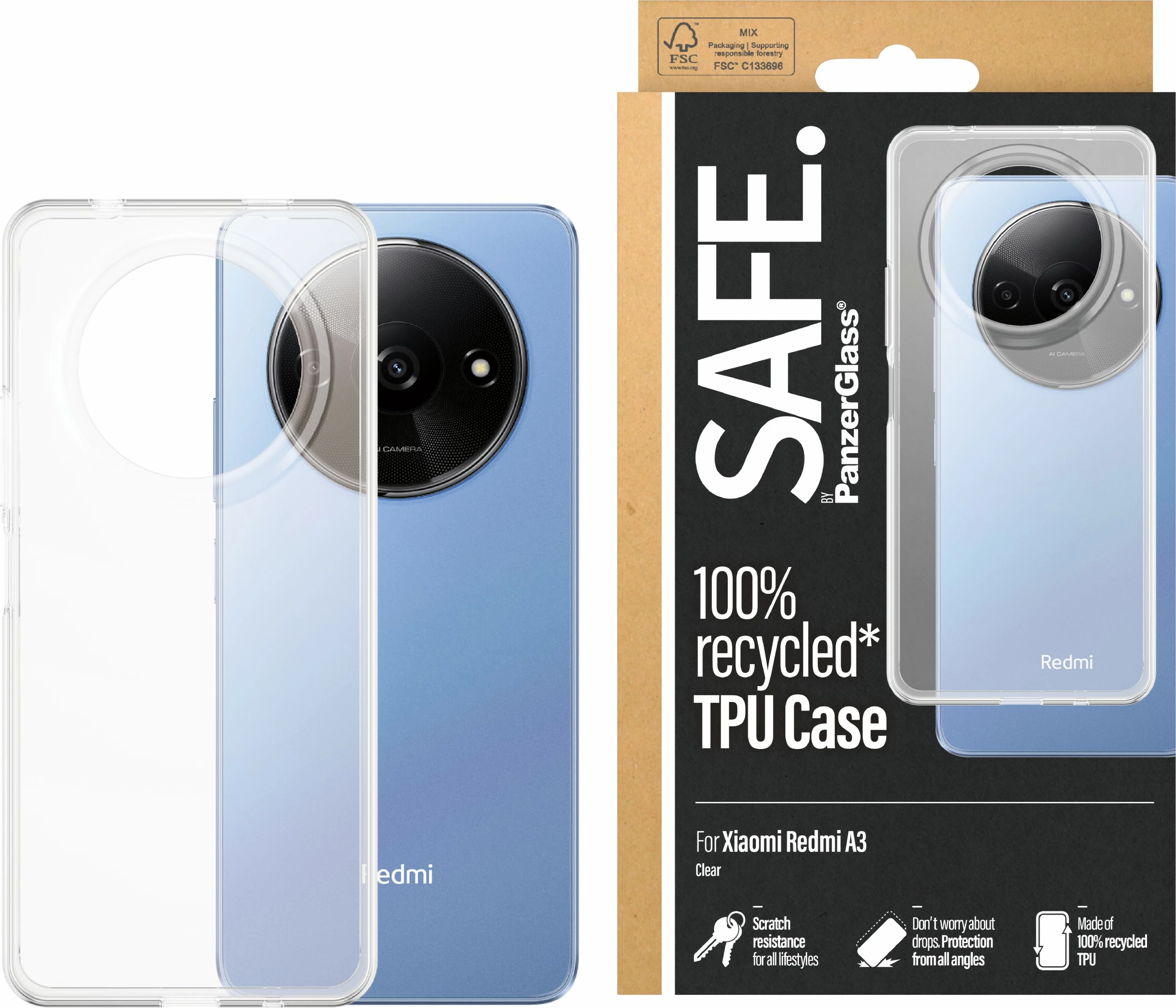 Mbështjellës PanzerGlass SAFE TPU për Xiaomi Redmi A3 transparent