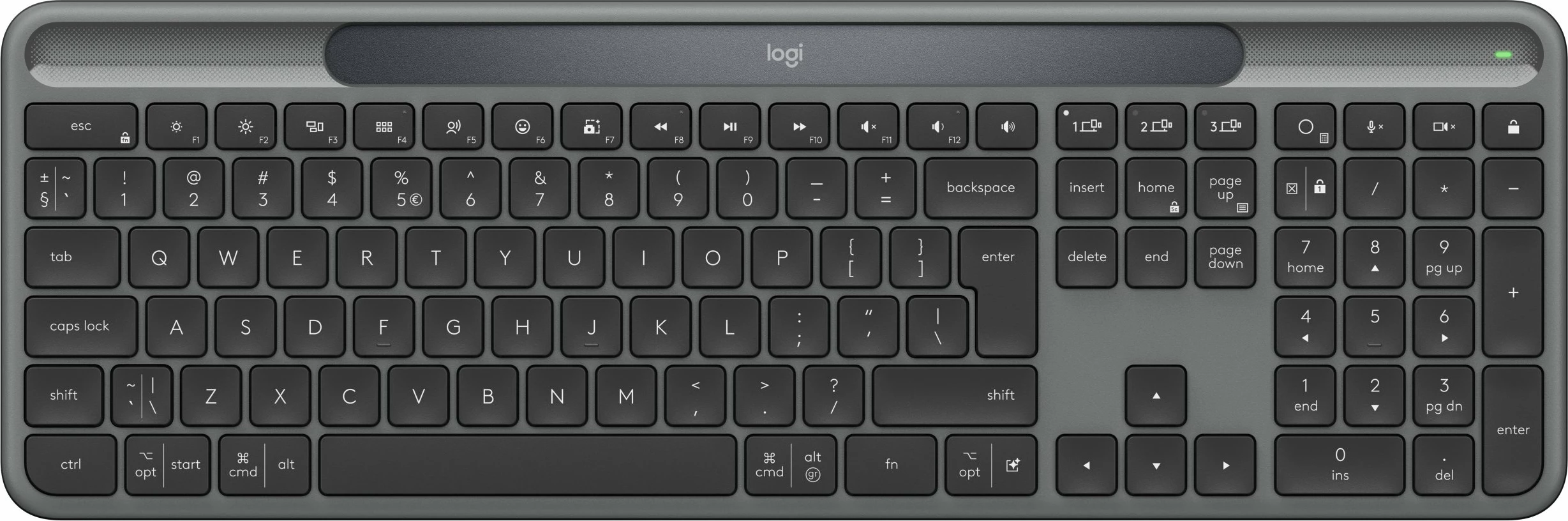 Tastierë wireless Logitech Slim Solar+ 920-013764, US layout, Bluetooth/Logi Bolt, full-size me numpad, Graphite