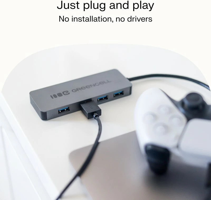 Hub USB-A, Green Cell HUB-GC-A4A, 4x USB 3.0 deri 5 Gb/s, kabëll i integruar 15 cm, kasë alumini, argjend/zi