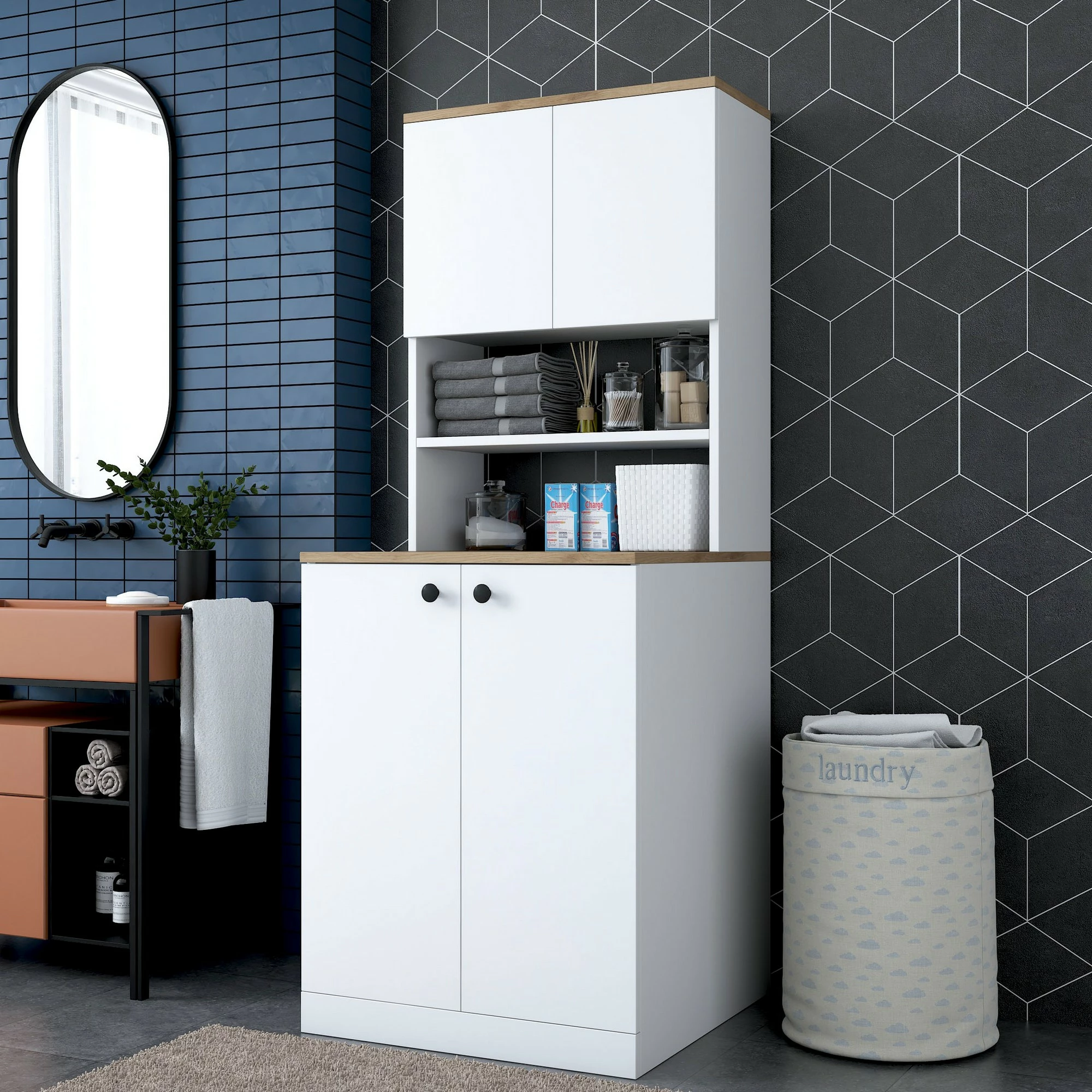 Dollap për lavatriçe, ngjyrë e bardhë dhe arre, Hanah Home KD102-2160