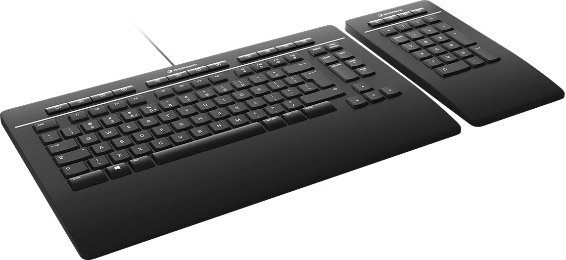 Tastierë 3Dconnexion Keyboard Pro, Numpad i ndarë, Full-size, Wired & Wireless, USB + RF Wireless + Bluetooth, QWERTZ, E zezë