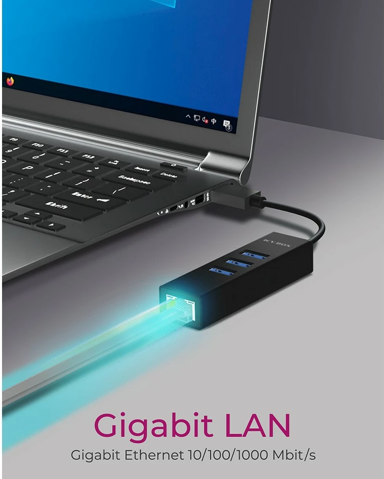 Adapter USB dhe LAN ICY BOX IB-HUB1419-LAN, USB 3.2 Gen 1, 10,100,1000 Mbit/s, i zi