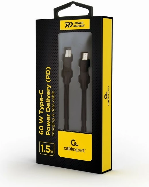 Kabllo USB Type-C në USB Type-C Gembird CC-USB2-CMCM60-1.5M, 1.5m, 60W, E zezë