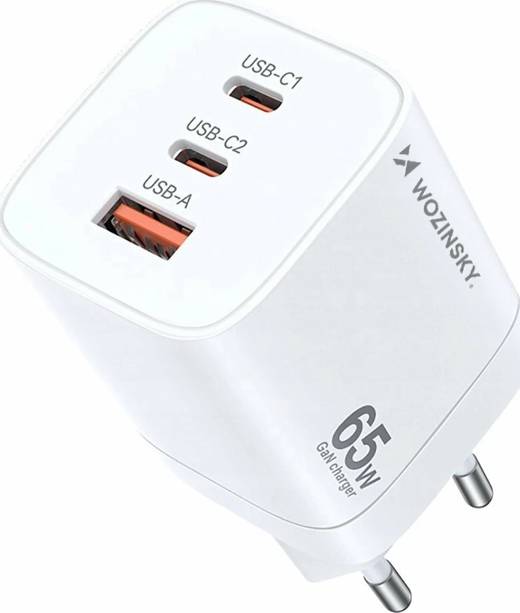 Karikues rrjeti Wozinsky CGWCW 65W GaN, 2x USB-C + 1x USB-A, Quick Charge, i bardhë