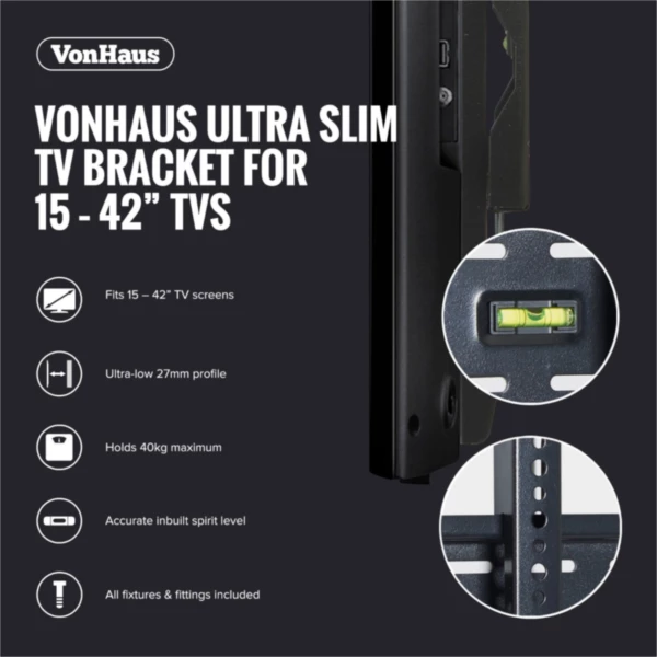 Mbajtëse fikse muri për TV VONHAUS 05/022, 15-42\", deri 40 kg, VESA 50x50-300x200, 27 mm, e zezë, me set vida
