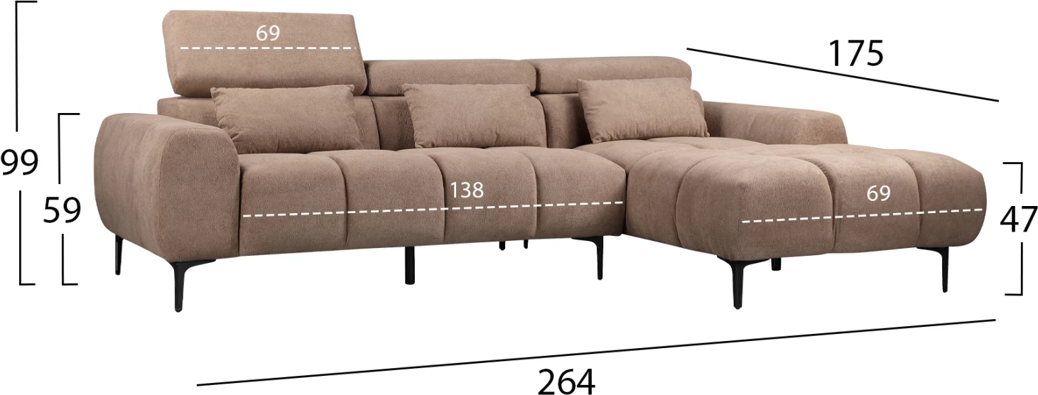 Divan qoshe i djathtë, DIVYA, lëkurë sintetike, ngjyrë kafe e çelët, FH3267.01R, 266x104x97H cm