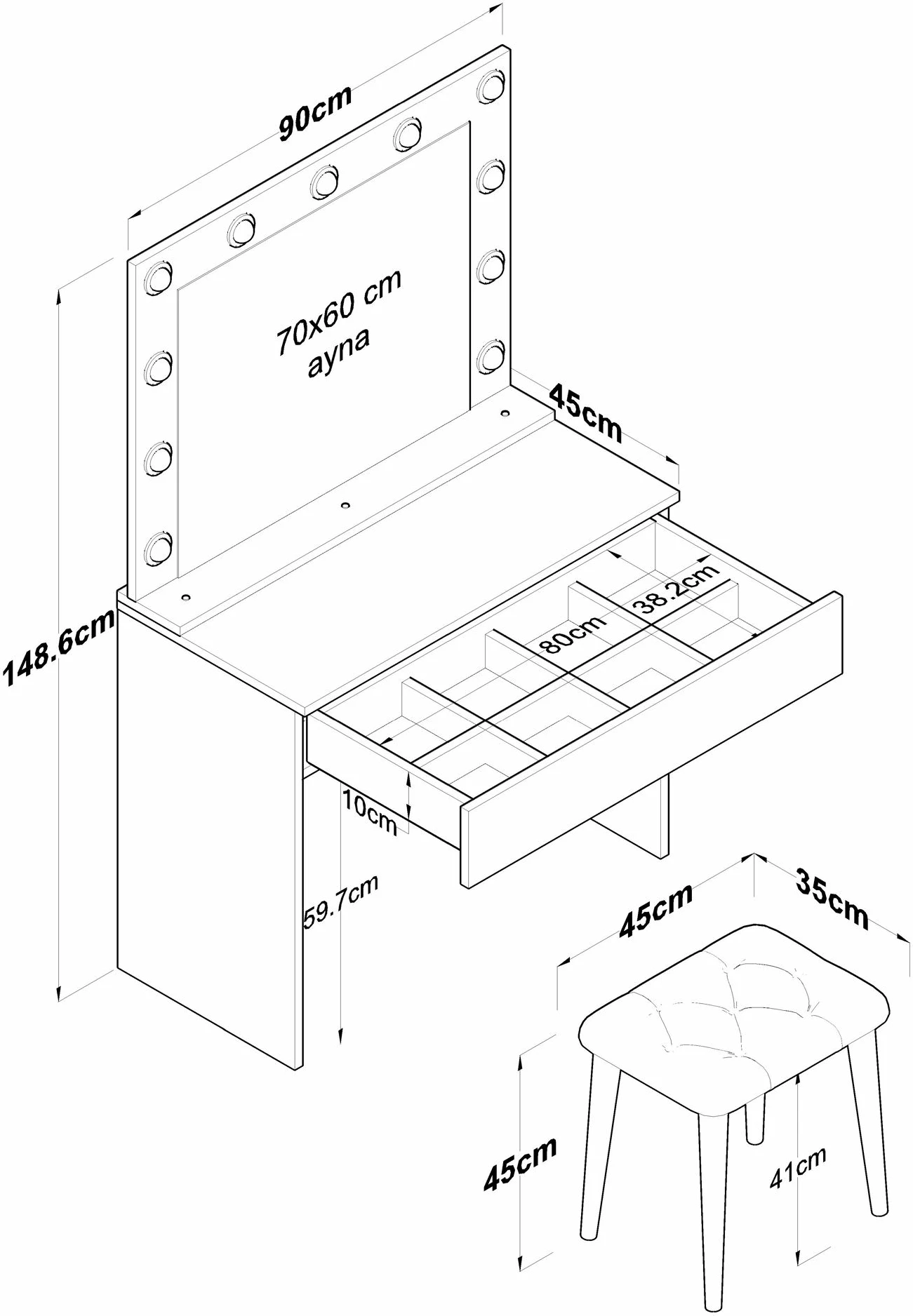 Tavolinë grimi Hanah Home, BJ121 - 2934, e bardhë, me pasqyrë dhe puf
