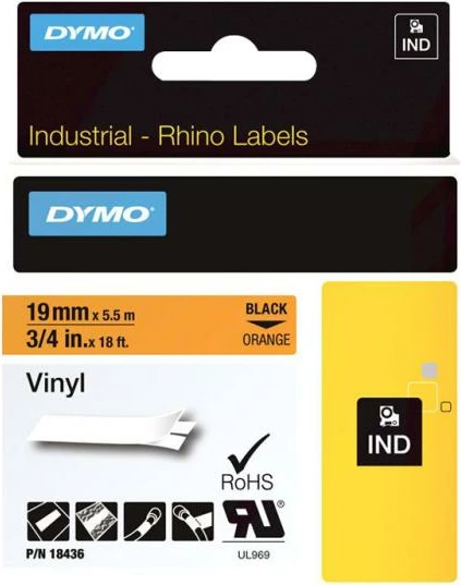 Kasetë etiketime Dymo RhinoPRO 18436 19mm x 5.5m vinyl, zi në portokalli