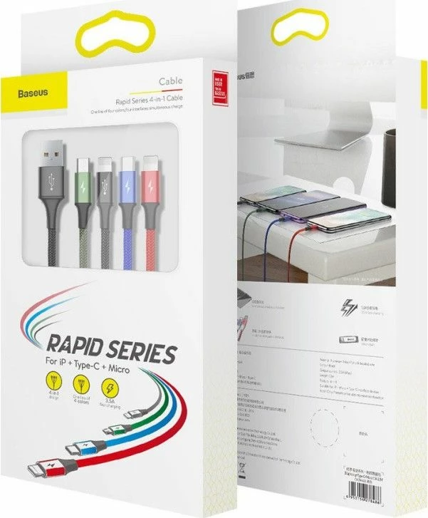 Kabllo USB 4-në-1 Baseus CA1T4-A01 1.2 m USB-A në USB-C + Micro USB + 2x Lightning, e zezë