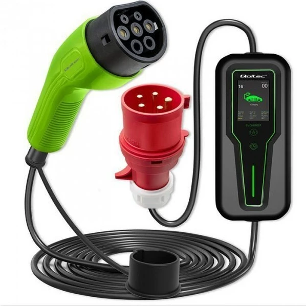 Karikues portativ për makina elektrike Qoltec 52466, Type 2, 7kW, CEE 32A/5 PIN, 230V, LCD, 5m, Jeshil