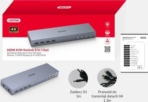 Switch KVM Unitek V306A 4K@60Hz HDMI 2.0 4-në-1 / 1-dalje, 4x USB, gri