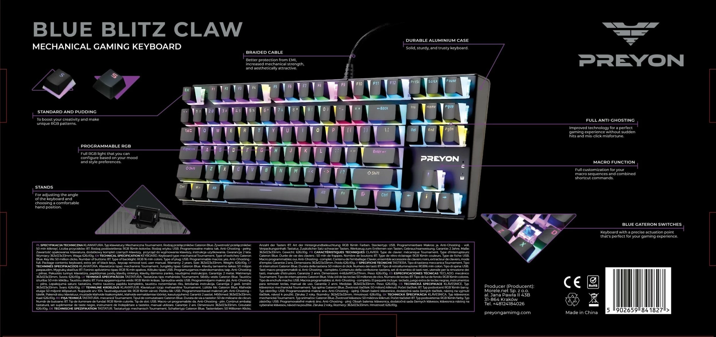 Tastierë mekanike gaming PREYON Blue Blitz Claw PBBC87B, TKL 80%, Gateron Blue, RGB, USB, e zezë, set me keycaps shtesë