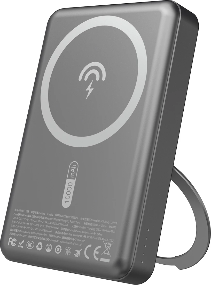 Powerbank Dudao K28, 10000mAh, MagSafe, kasë metalike, ring stand, Gri
