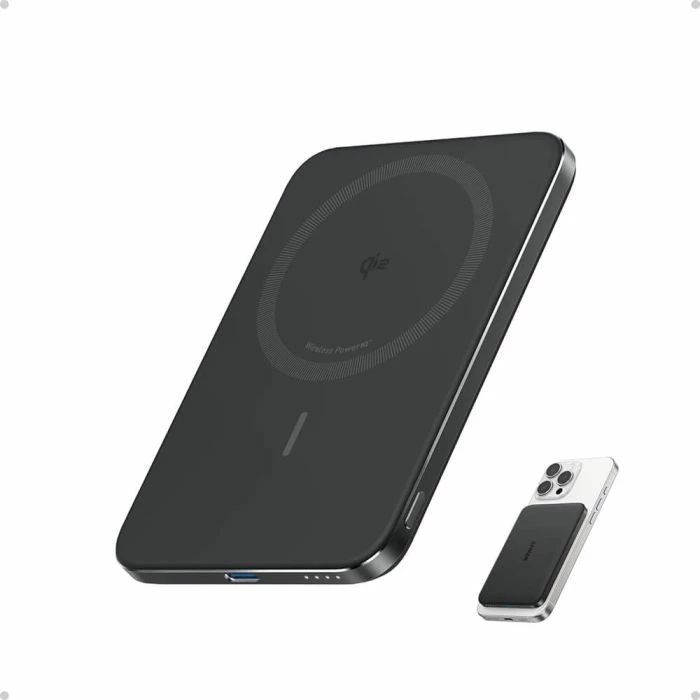 Power bank ANKER Nano A1665H11 5000 mAh ultra i hollë magnetik Qi2/MagSafe 15W pa kabllo, 20W USB-C, i zi