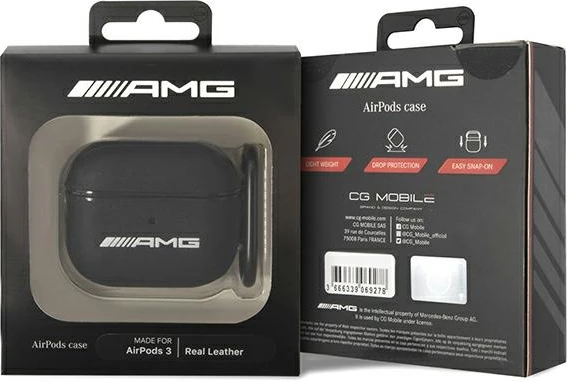 Mbështjellës Mercedes AMG Leather Big Logo për AirPods 3, e zezë