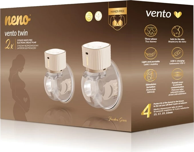 Pompë gjiri elektronike neno VENTO TWIN, pa tela, 150 ml, Bezhe, set 2 copë