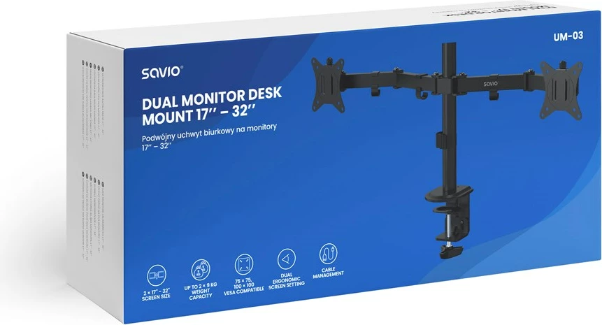 Mbajtëse tavoline për dy monitorë Savio UM-03, 17-32 inç, e zezë
